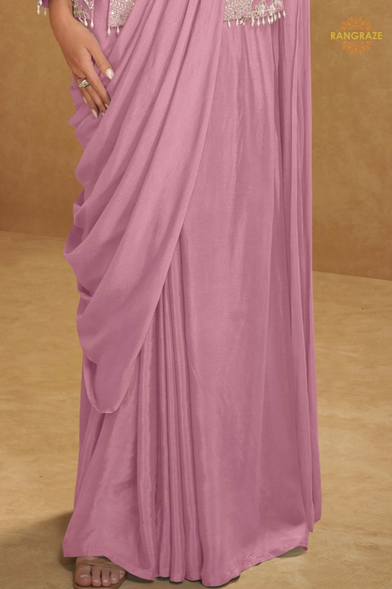 Lilac Serene Pure Georgette Saree Style Suit Set with Hand Embroidery