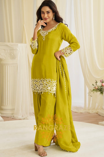 Lime Green Natural Crepe Silk Embroidered Suit Set