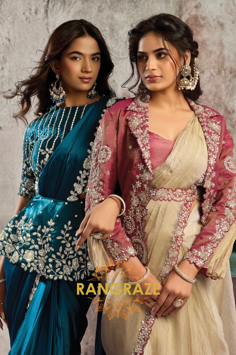 Beige Crystal Organza Satin One Minute Saree with Readymade Embroidered Jacket, Blouse & Belt