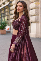 Noir Wine Sequined Georgette Palazzo Set