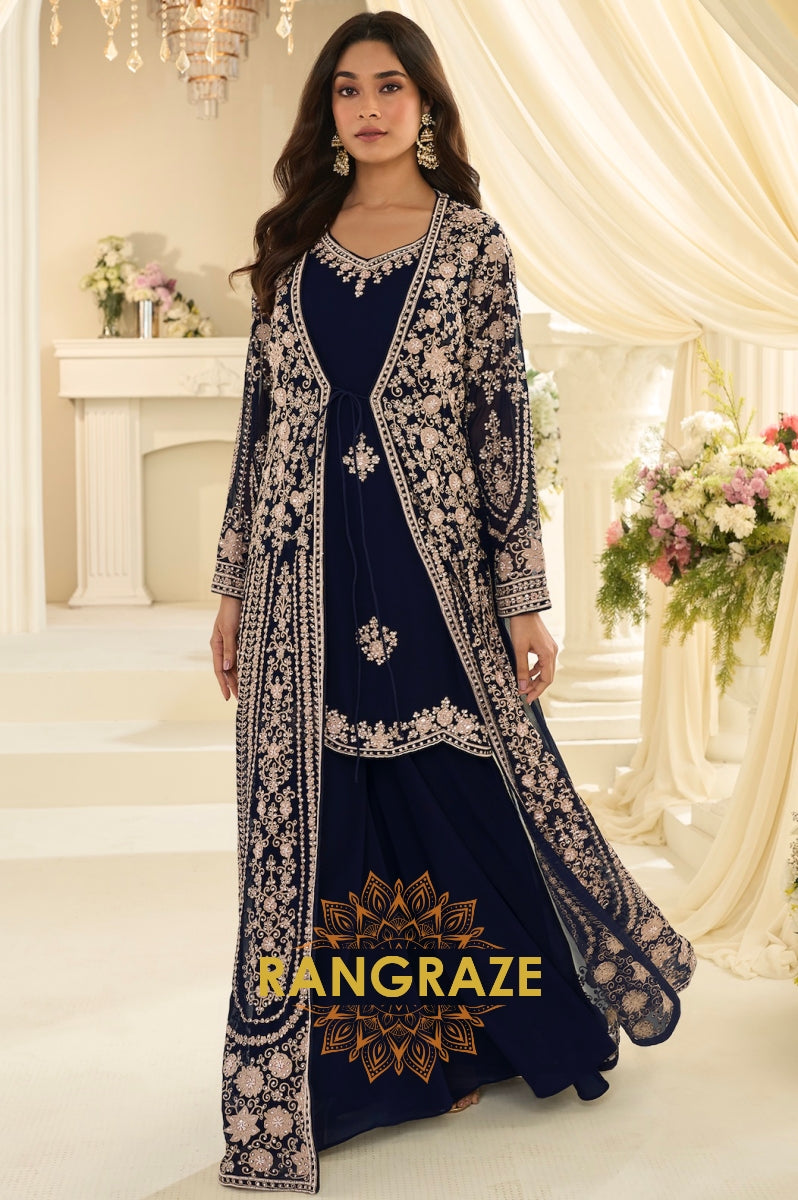 Navy Blue Premium Chinon Embroidered Anarkali Set