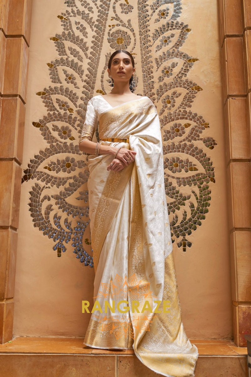 Pearl White And Golden Woven Kanjivaram Silk Saree
