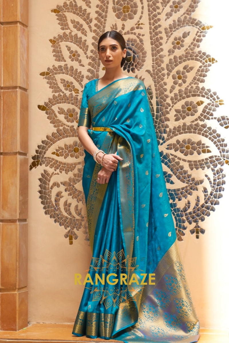 Blue And Golden Woven Kanjivaram Silk Saree