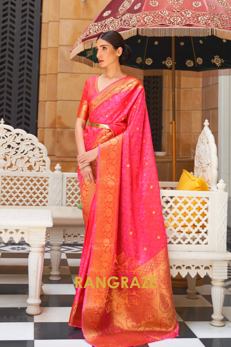 Royal Pink And Golden Woven Kanjivaram Silk Saree