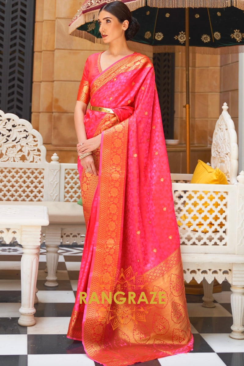 Royal Pink And Golden Woven Kanjivaram Silk Saree