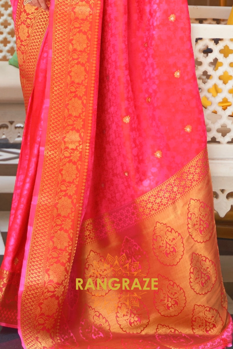 Royal Pink And Golden Woven Kanjivaram Silk Saree