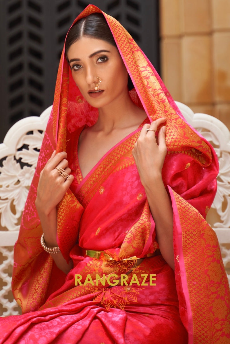 Royal Pink And Golden Woven Kanjivaram Silk Saree