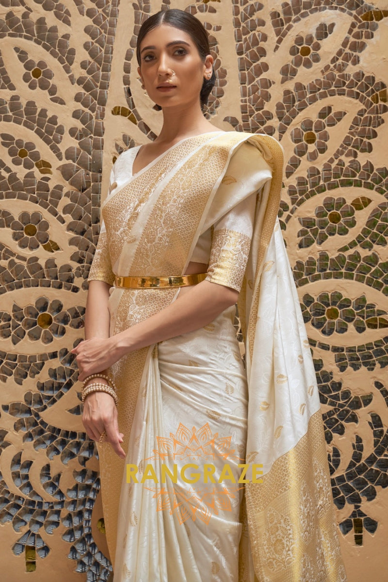 Pearl White And Golden Woven Kanjivaram Silk Saree