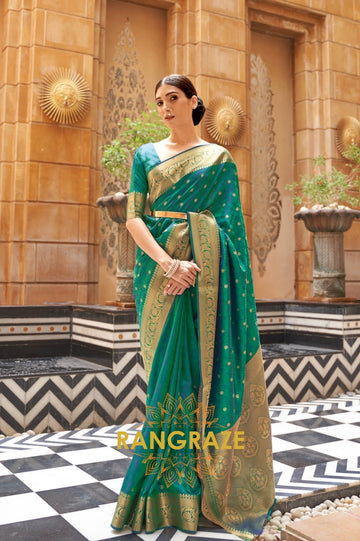 Royal Pine Green And Golden Woven Kanjivaram Silk Saree