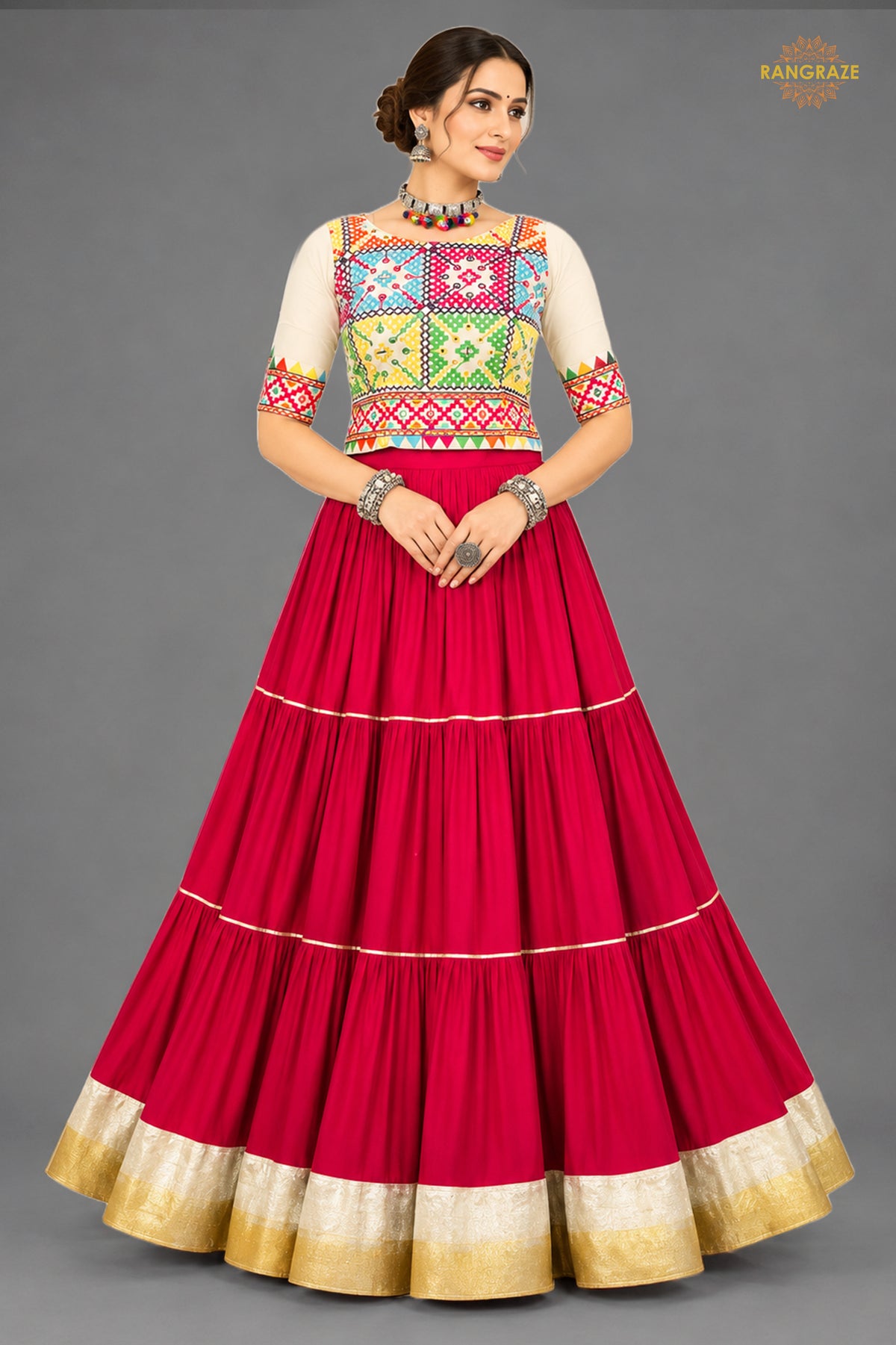 Festive Tiered Frilled Lehenga Choli with Mirror & Thread Work