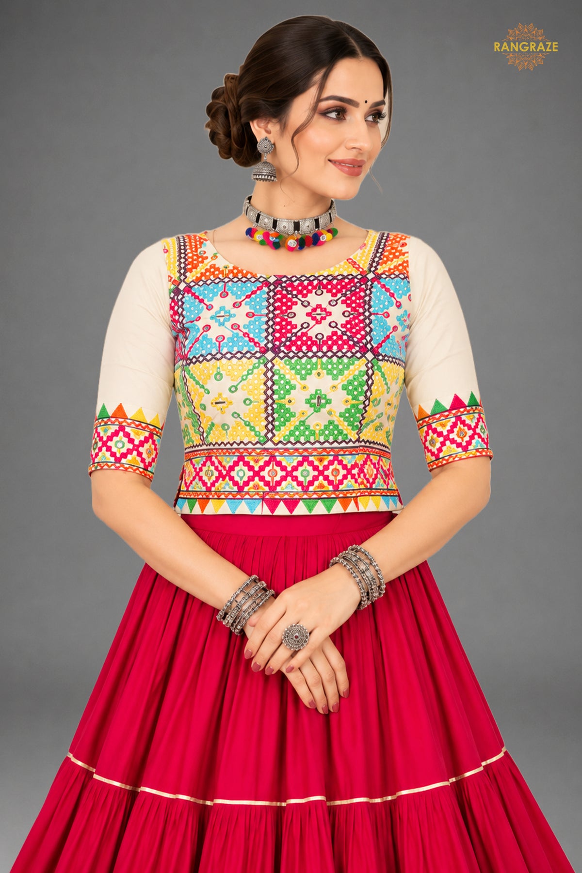 Festive Tiered Frilled Lehenga Choli with Mirror & Thread Work