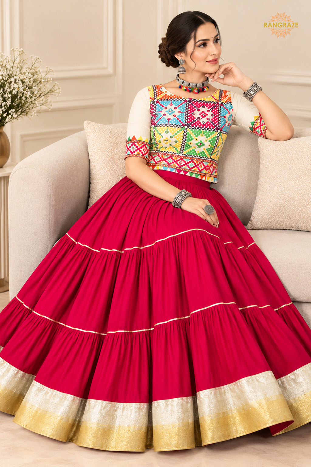 Festive Tiered Frilled Lehenga Choli with Mirror & Thread Work