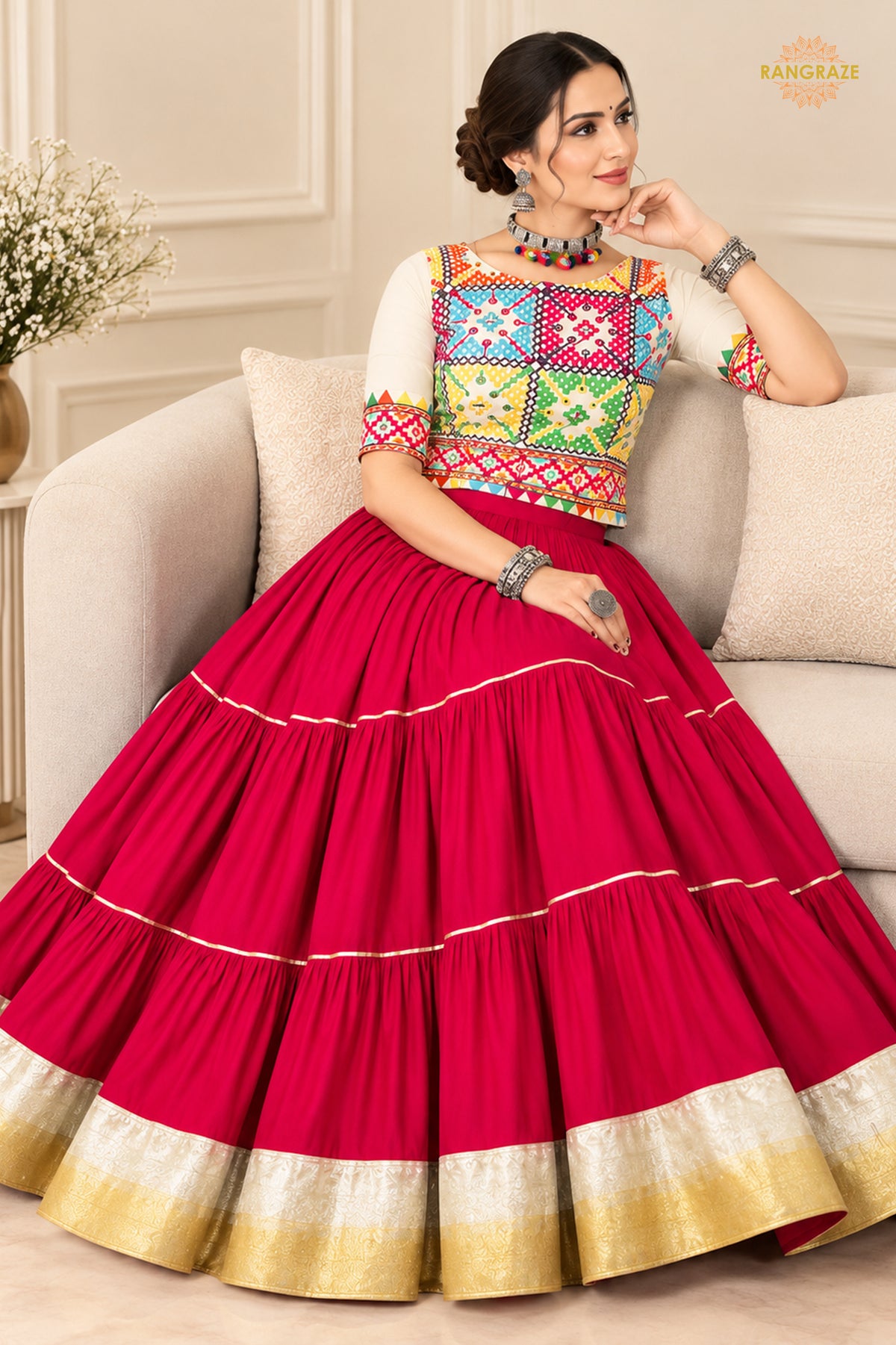 Festive Tiered Frilled Lehenga Choli with Mirror & Thread Work