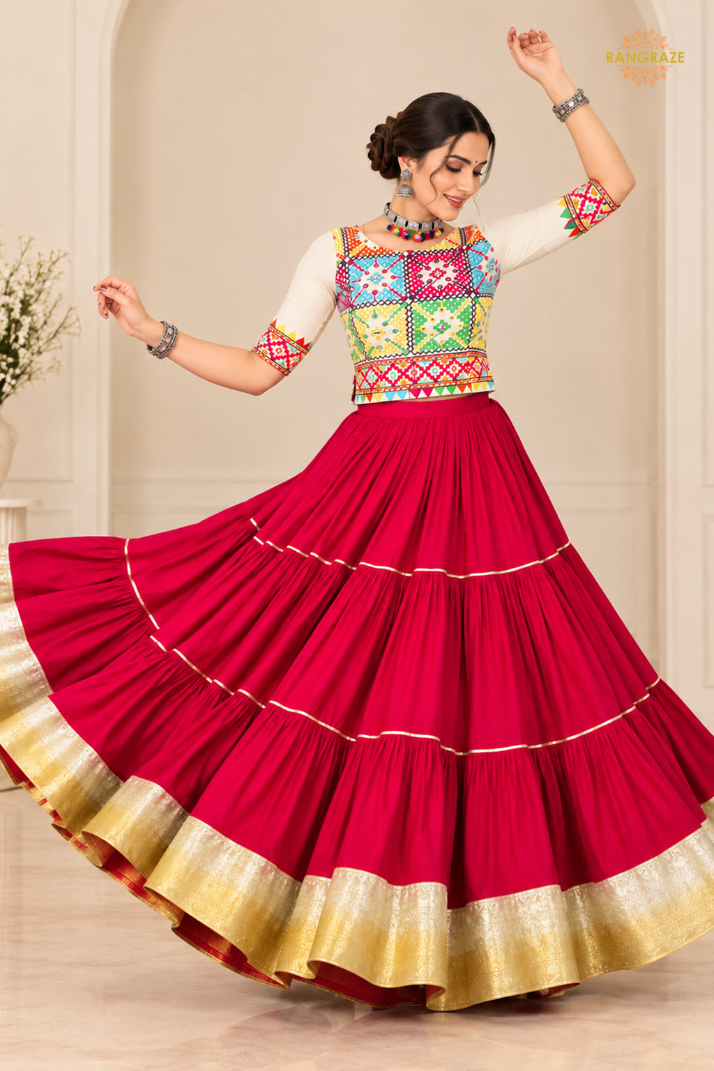 Festive Tiered Frilled Lehenga Choli with Mirror & Thread Work