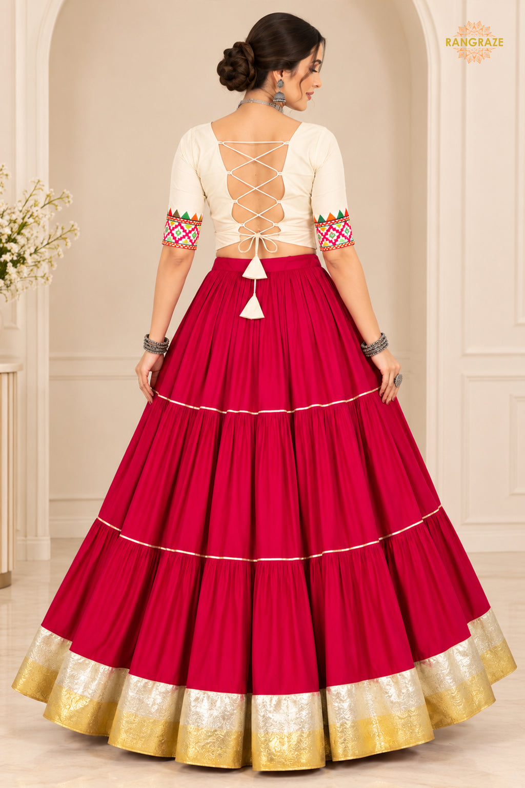Festive Tiered Frilled Lehenga Choli with Mirror & Thread Work