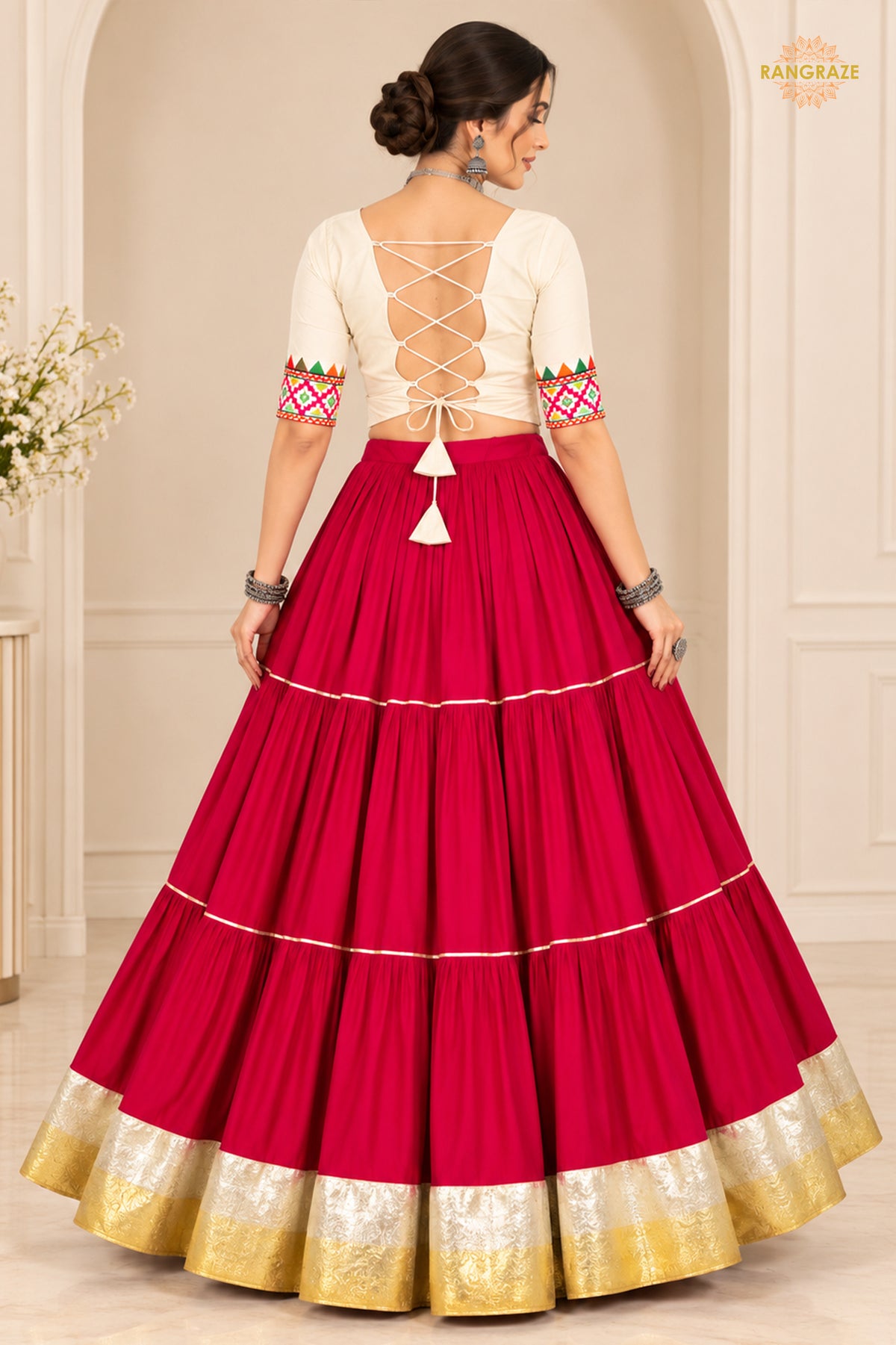 Festive Tiered Frilled Lehenga Choli with Mirror & Thread Work