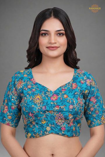 Firozi Blue Printed Viscose Blouse with Embroidered Work