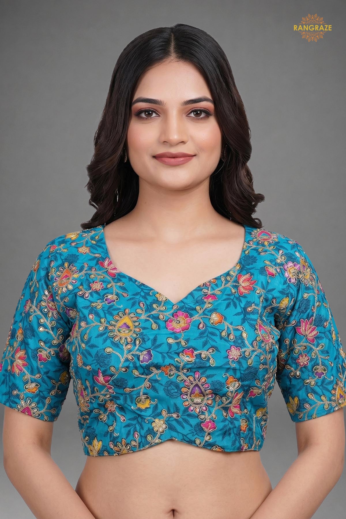 Firozi Blue Printed Viscose Blouse with Embroidered Work