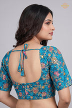 Firozi Blue Printed Viscose Blouse with Embroidered Work