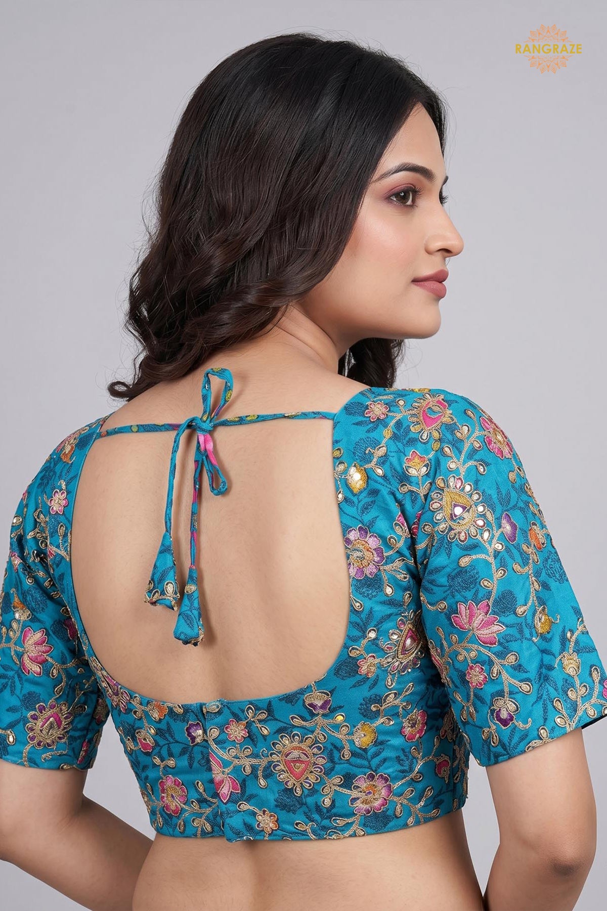Firozi Blue Printed Viscose Blouse with Embroidered Work