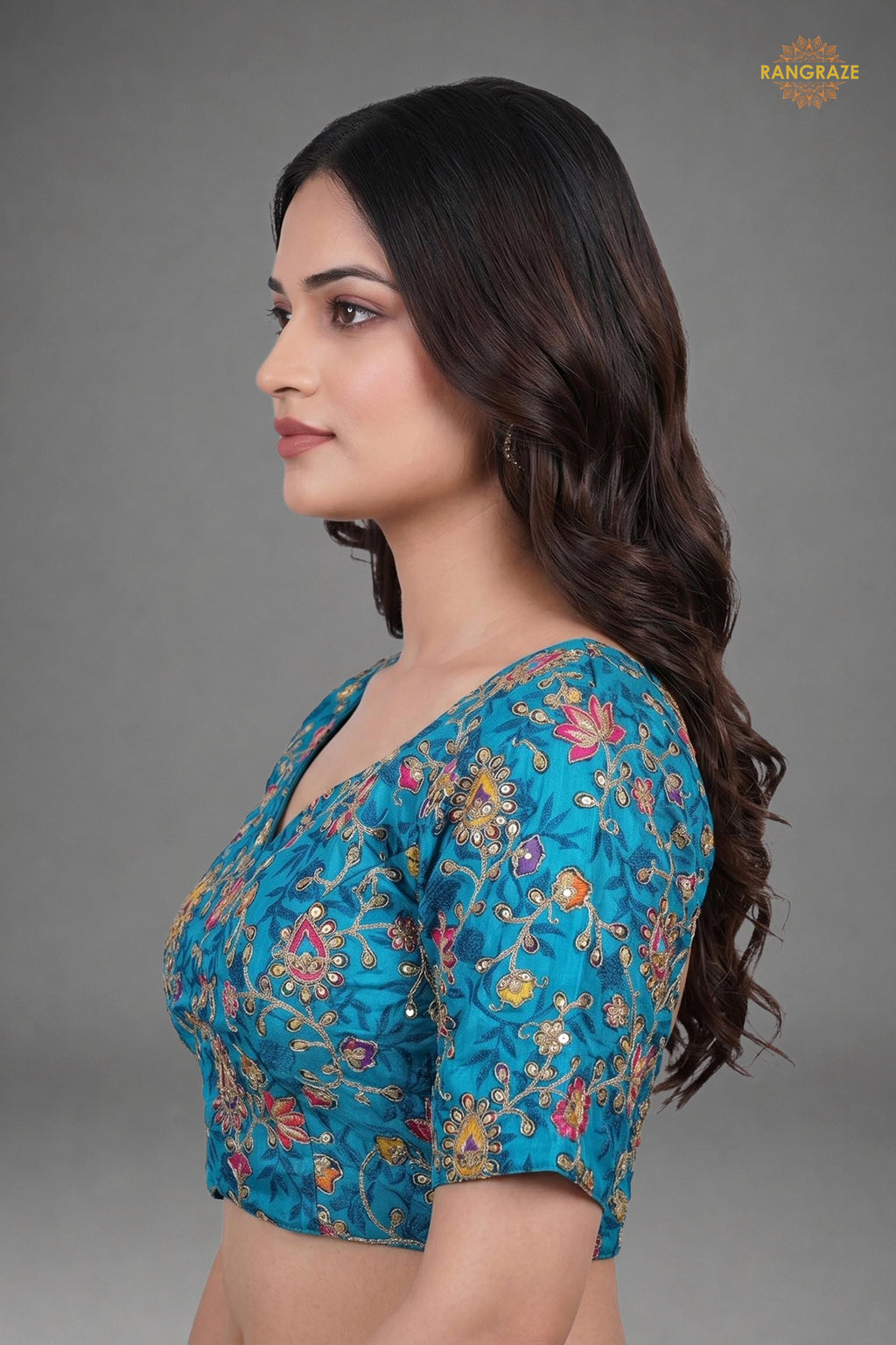 Firozi Blue Printed Viscose Blouse with Embroidered Work