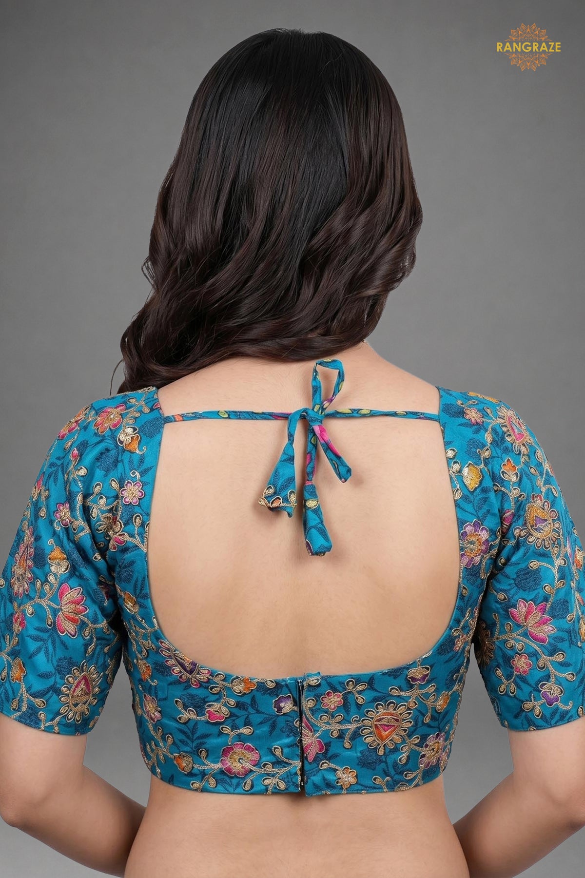 Firozi Blue Printed Viscose Blouse with Embroidered Work