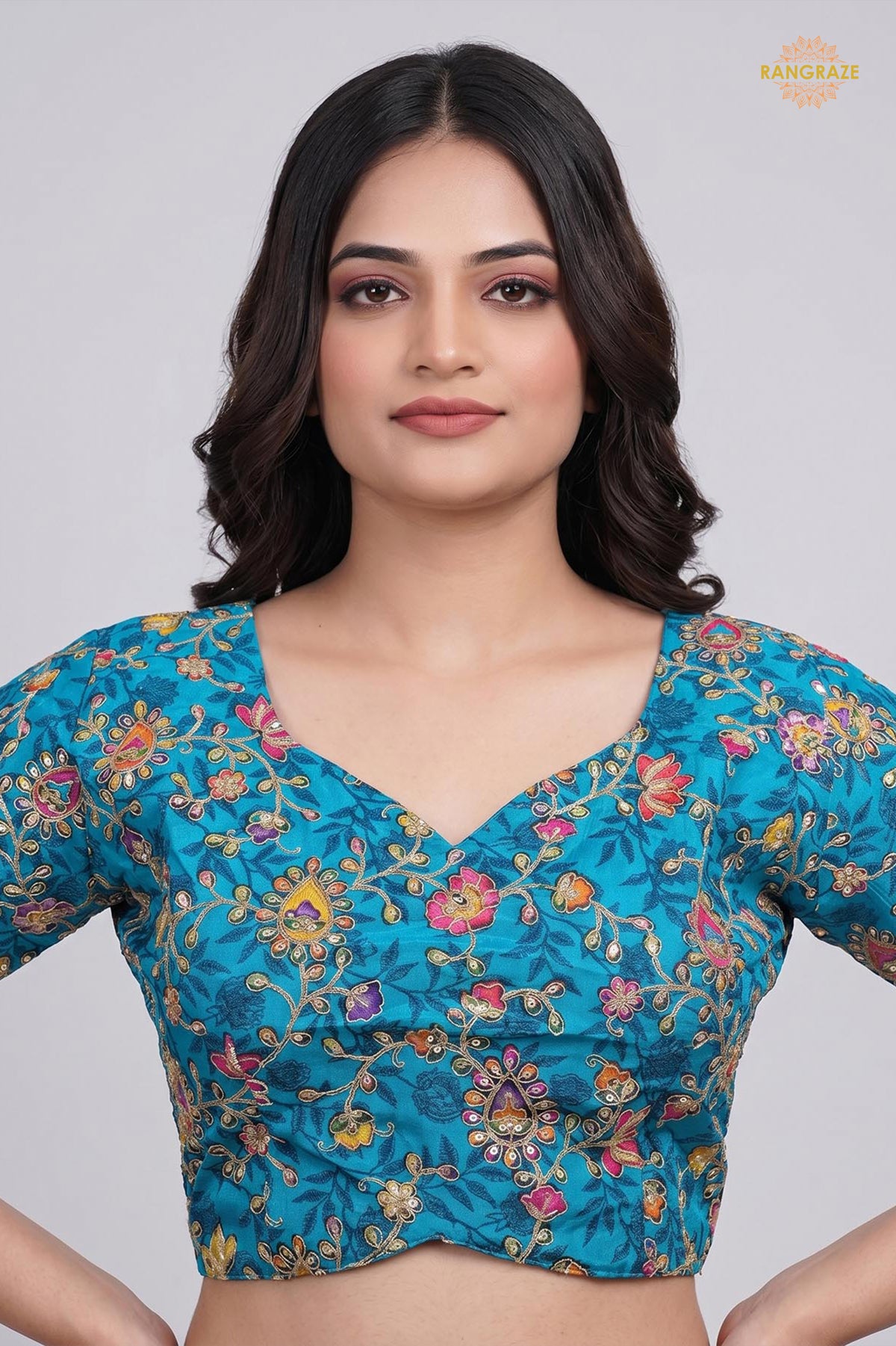 Firozi Blue Printed Viscose Blouse with Embroidered Work