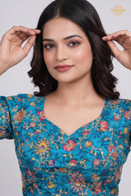 Firozi Blue Printed Viscose Blouse with Embroidered Work