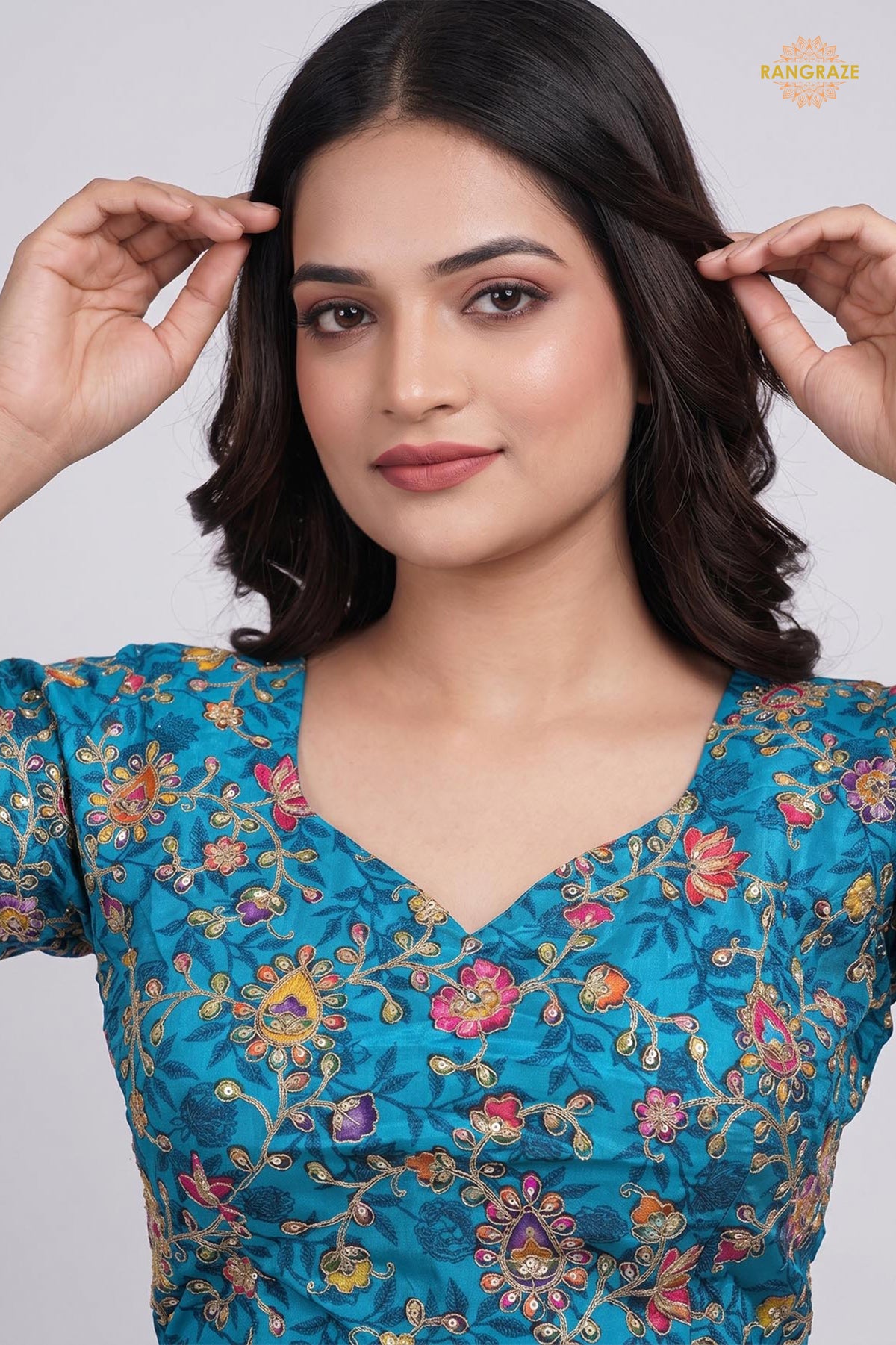 Firozi Blue Printed Viscose Blouse with Embroidered Work
