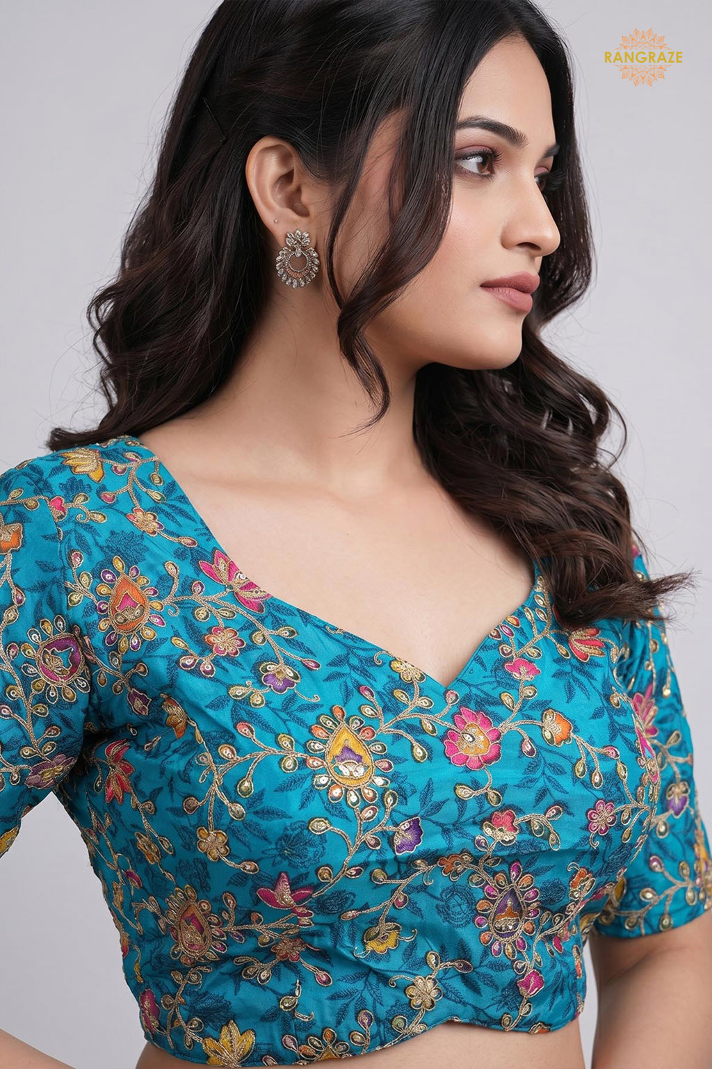 Firozi Blue Printed Viscose Blouse with Embroidered Work