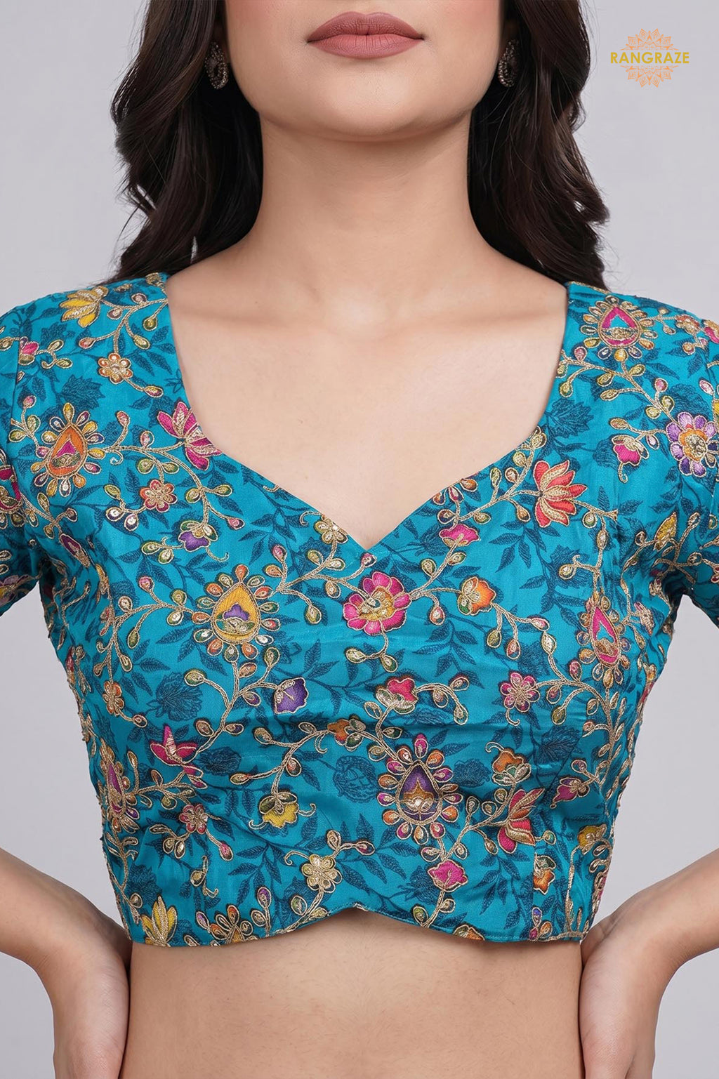 Firozi Blue Printed Viscose Blouse with Embroidered Work