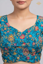 Firozi Blue Printed Viscose Blouse with Embroidered Work