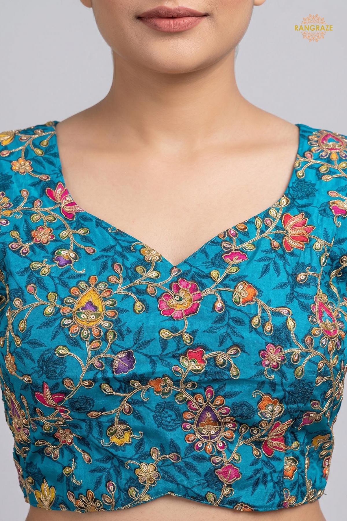 Firozi Blue Printed Viscose Blouse with Embroidered Work