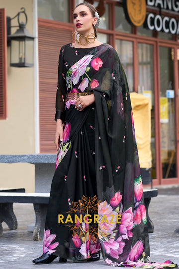 Ebony Elegance Black Georgette Saree