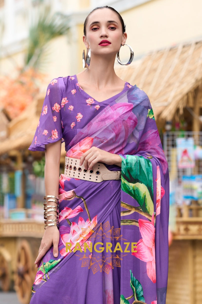 Lavender Bloom Floral Georgette Saree