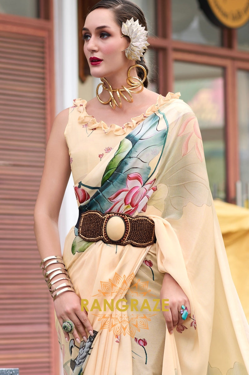Champagne Serenity Lotus Print Georgette Saree