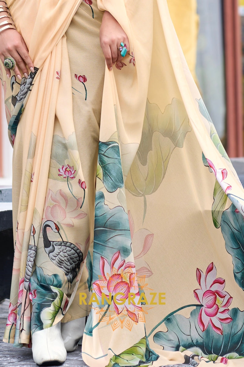 Champagne Serenity Lotus Print Georgette Saree