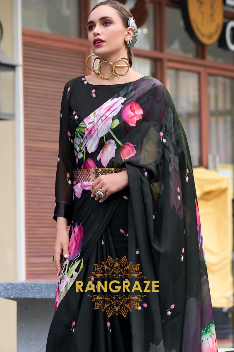 Ebony Elegance Black Georgette Saree