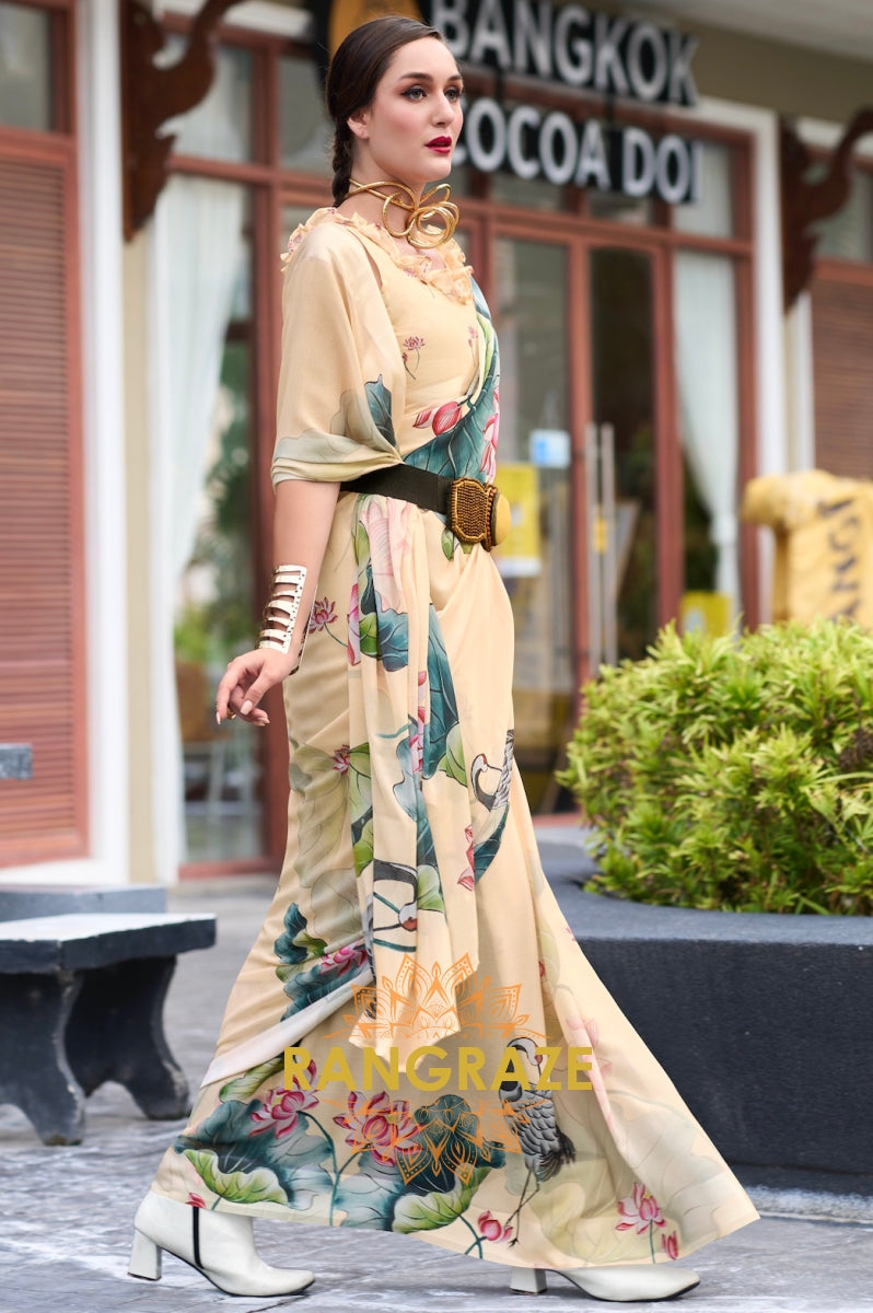 Champagne Serenity Lotus Print Georgette Saree