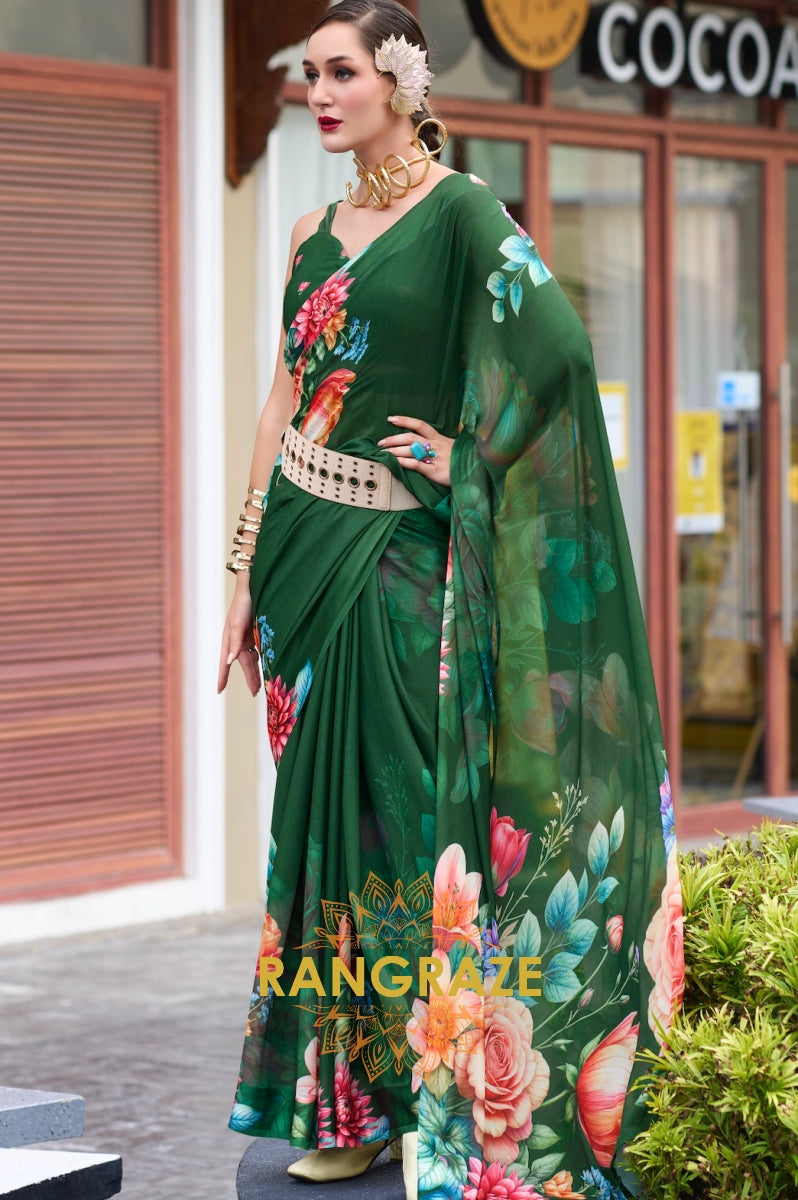 Emerald Garden Floral Georgette Saree