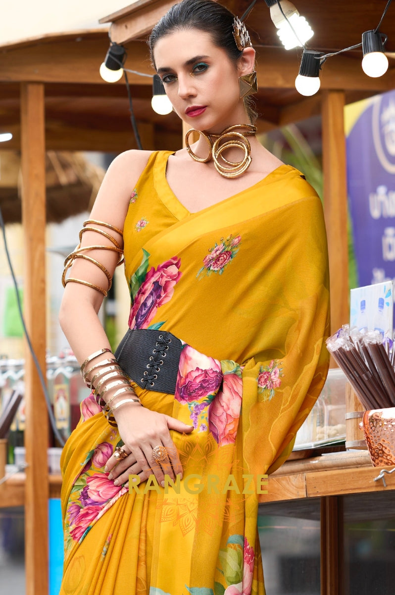 Mustard Blossom Georgette Saree