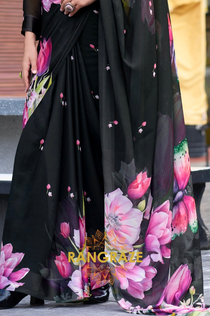 Ebony Elegance Black Georgette Saree