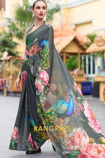 Peacock Charcoal Georgette Saree