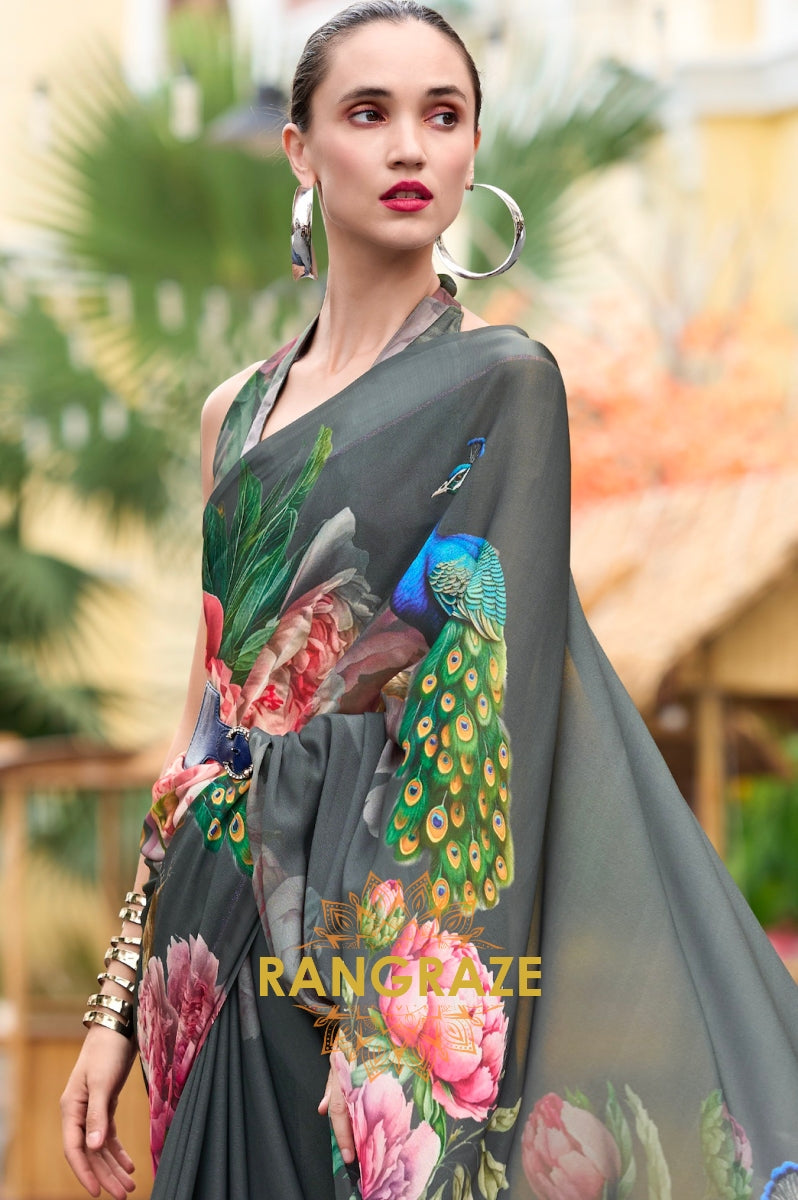 Peacock Charcoal Georgette Saree