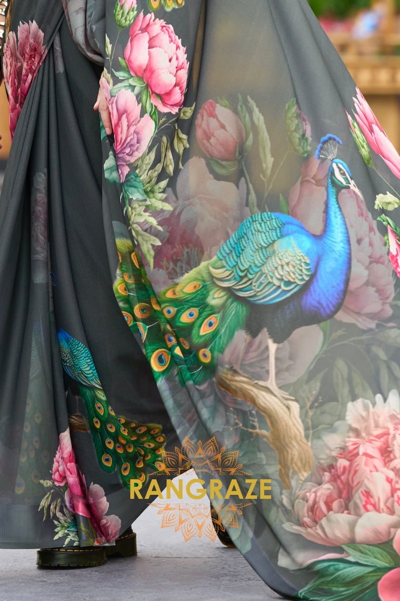 Peacock Charcoal Georgette Saree