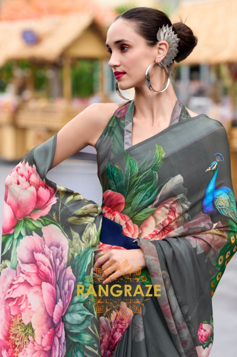 Peacock Charcoal Georgette Saree