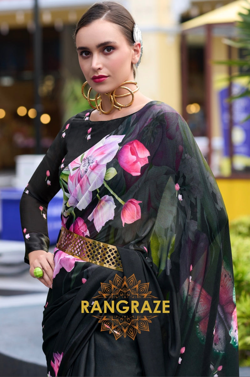 Ebony Elegance Black Georgette Saree