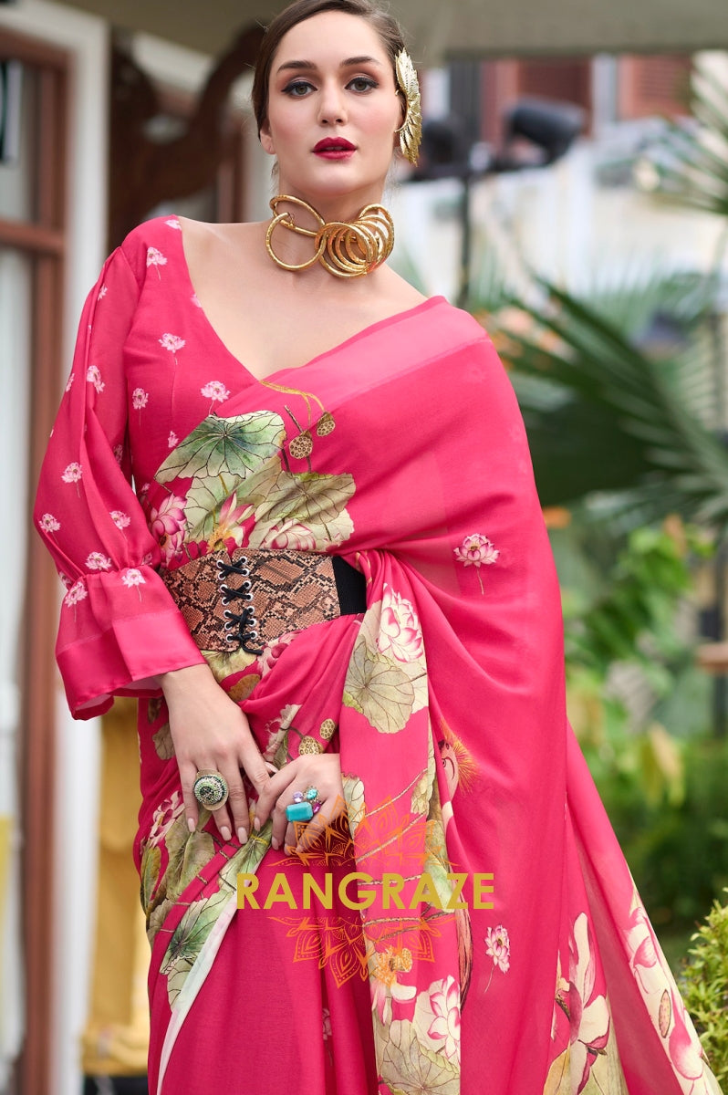 Crimson Grace Lotus Print Georgette Saree