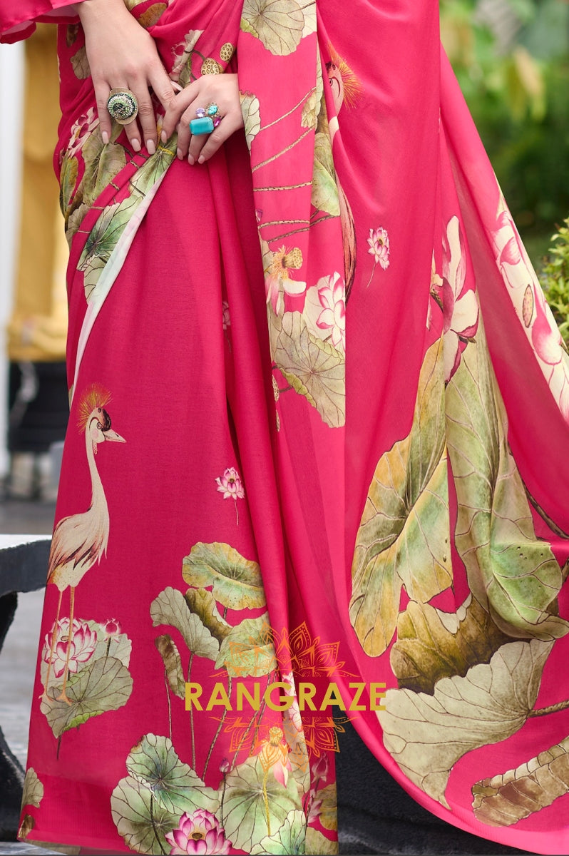 Crimson Grace Lotus Print Georgette Saree