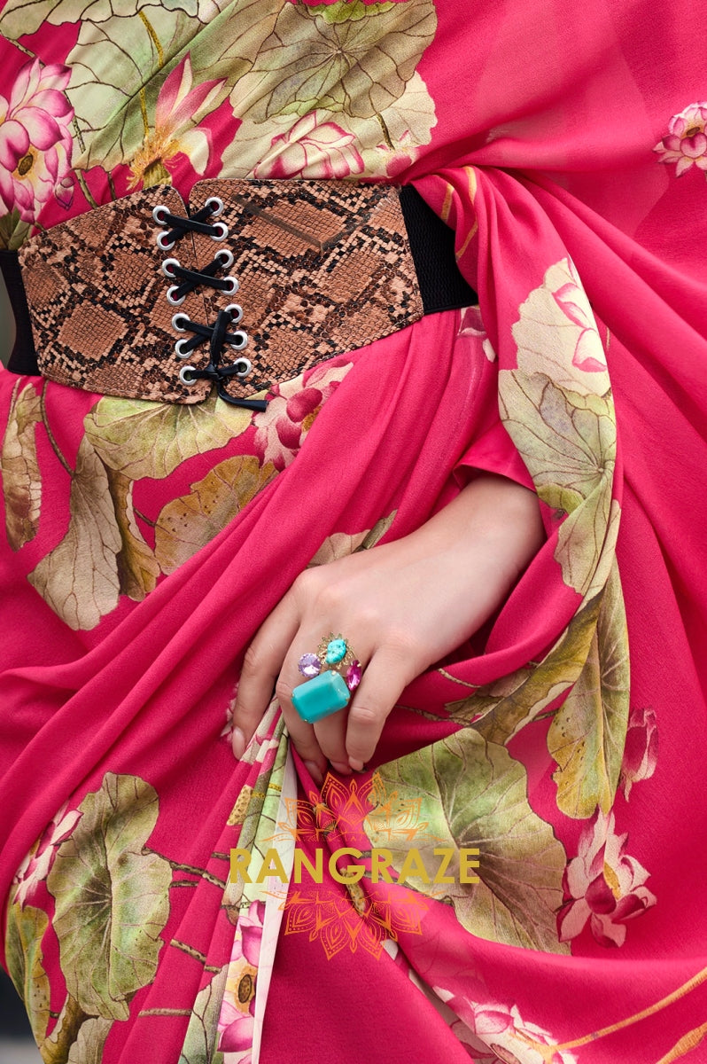 Crimson Grace Lotus Print Georgette Saree